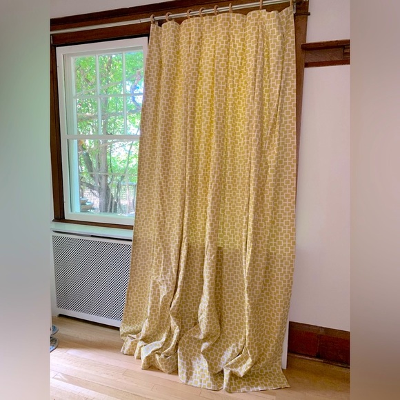 Curtains x2 panels chartreuse with geometric design inverted pleats lined - Picture 3 of 8